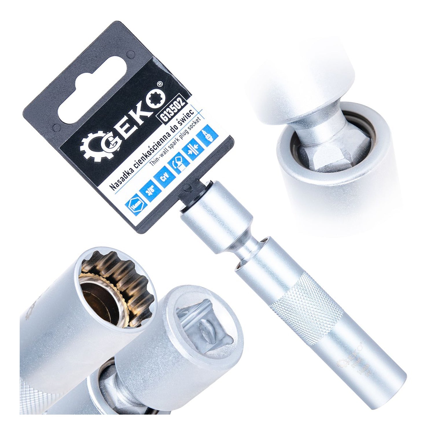 Gyertya dugókulcs csuklós 3/8″ CRV 14 mm GEKO