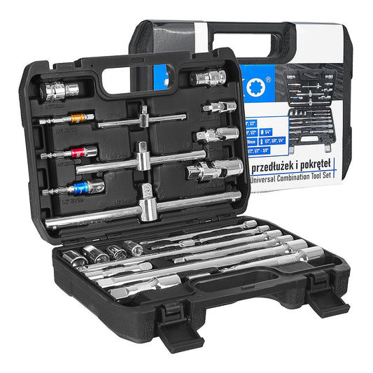 Hosszabbító adapter és t-markolat készlet 1/4″ 3/8″ 1/2″ CRV 25 db GEKO