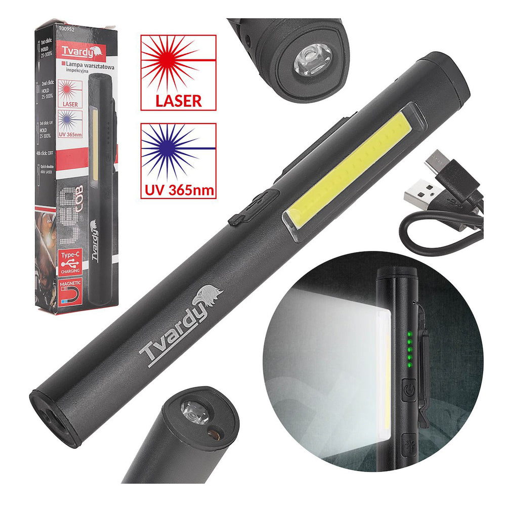 Újratölthető cob LED lámpa lézerrel, uv-fénnyel és mágnessel, 5 w, 800 mah, 400 lumen