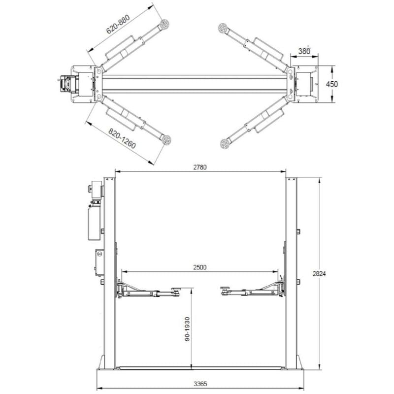 Kétoszlopos - csápos emelő automata zárkioldással 4 t 230 v