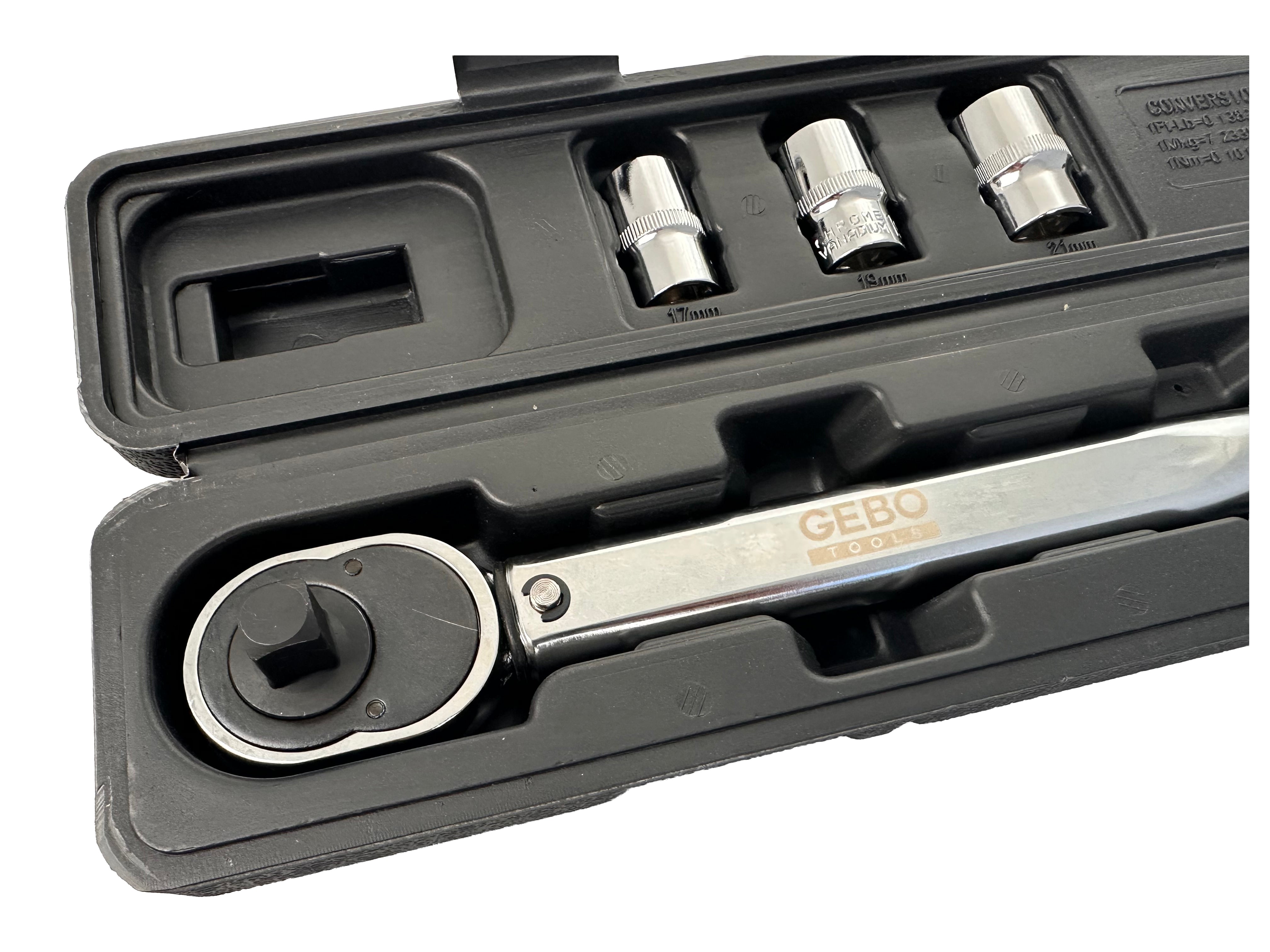 Nyomatékkulcs készlet 1/2" 5 db 28-210 NM, 1/2" dugókulcsok 17–19–21 mm, hosszabbító GEBO TOOLS