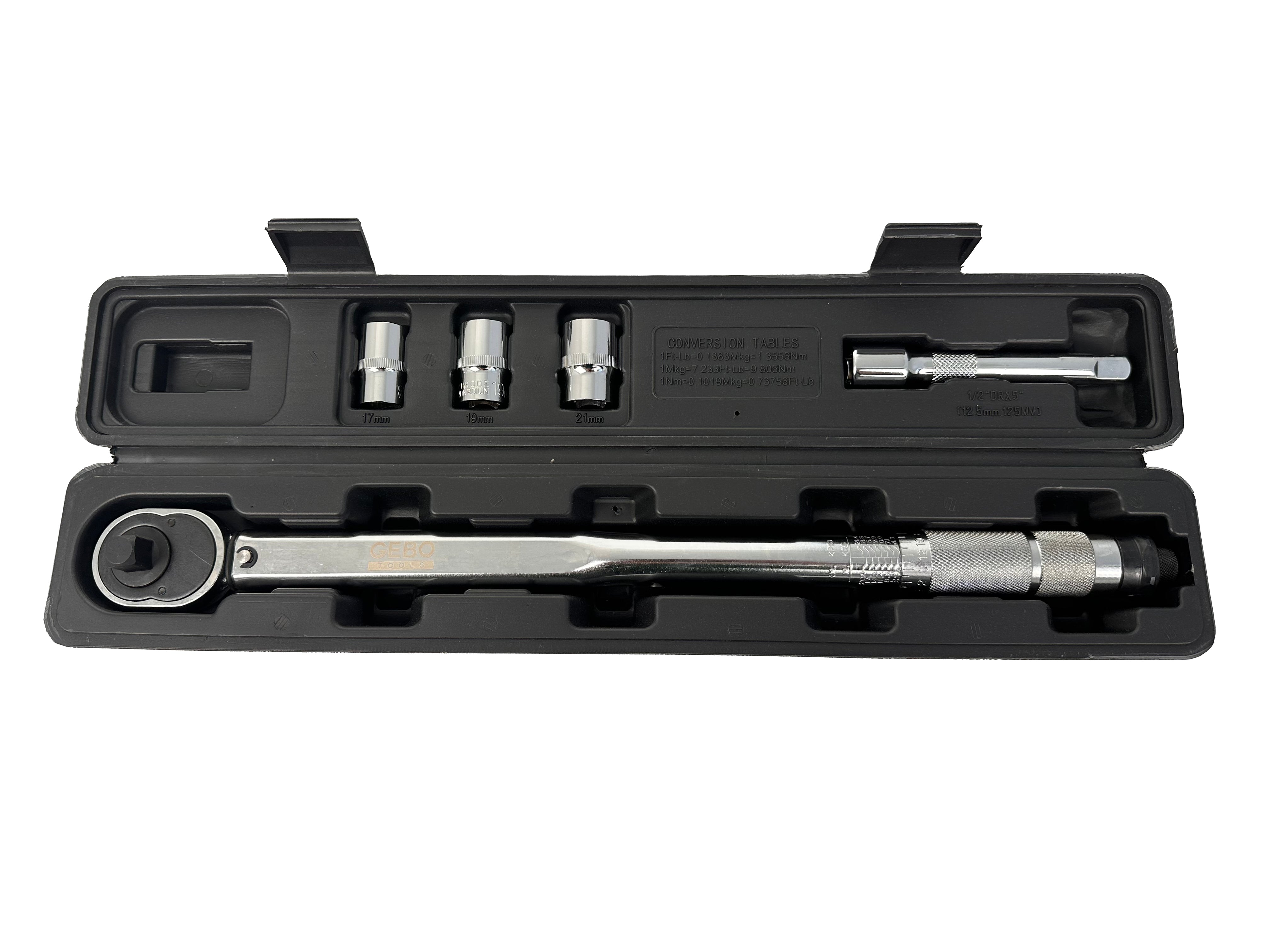 Nyomatékkulcs készlet 1/2" 5 db 28-210 NM, 1/2" dugókulcsok 17–19–21 mm, hosszabbító GEBO TOOLS