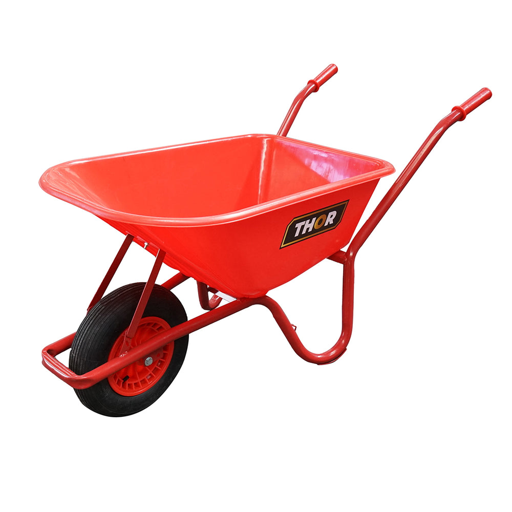 Piros műanyag talicska 85l pneumatikus kerékkel 400/8, fém vázzal 940x580x300mm THOR