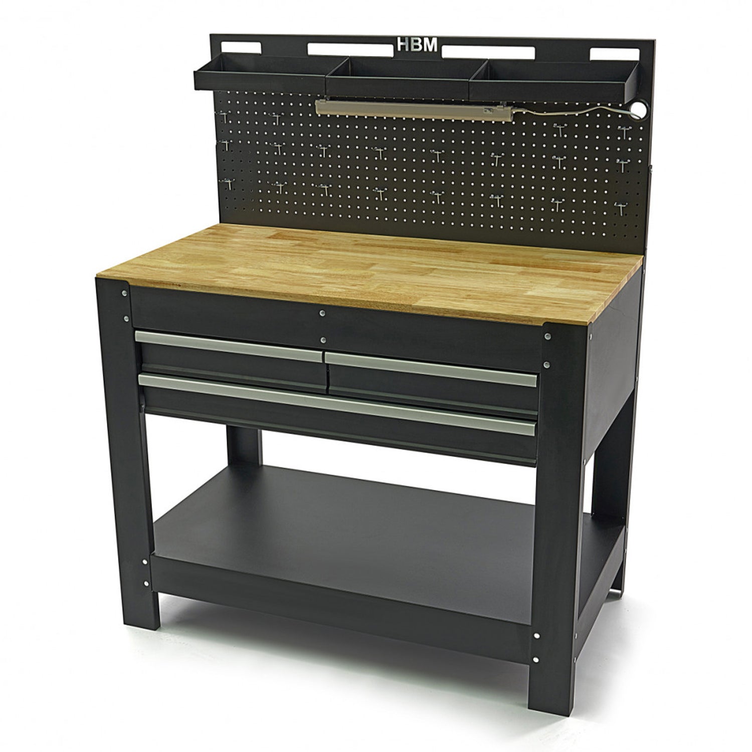 Professzionális fémmunkapad 3 fiókos, masszív fa munkalappal, LED világítású panel, 230V-os aljzatok, USB port, hossz 115 cm