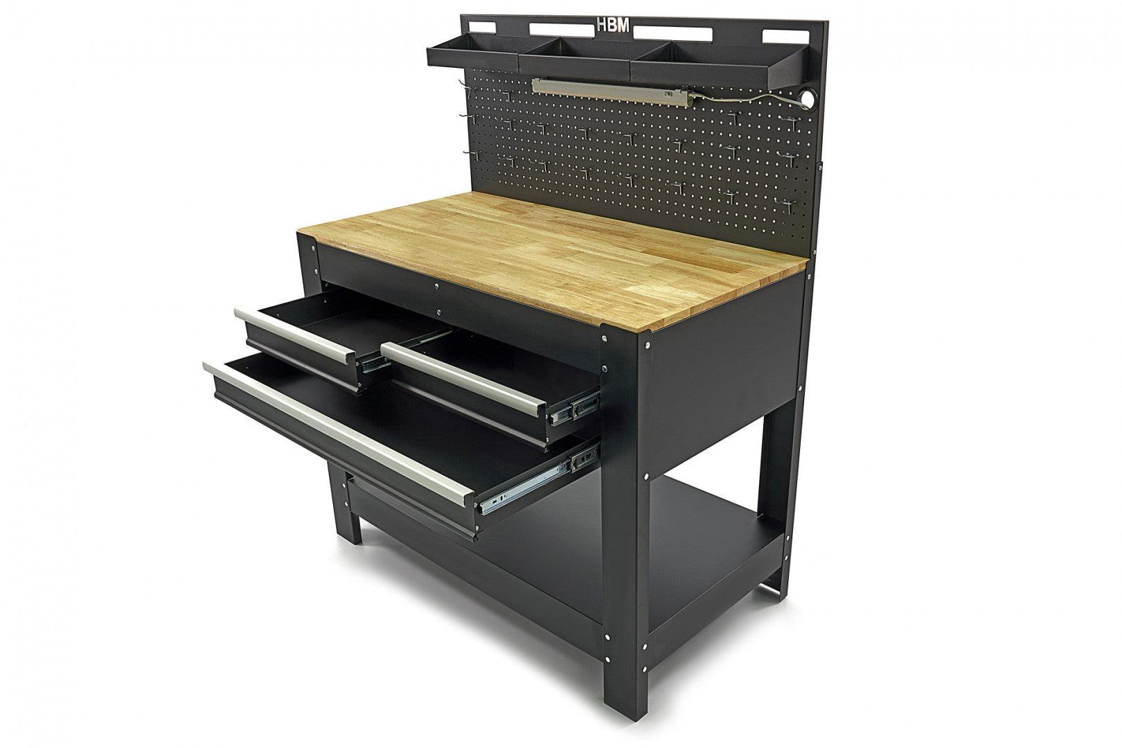 Professzionális fémmunkapad 3 fiókos, masszív fa munkalappal, LED világítású panel, 230V-os aljzatok, USB port, hossz 115 cm
