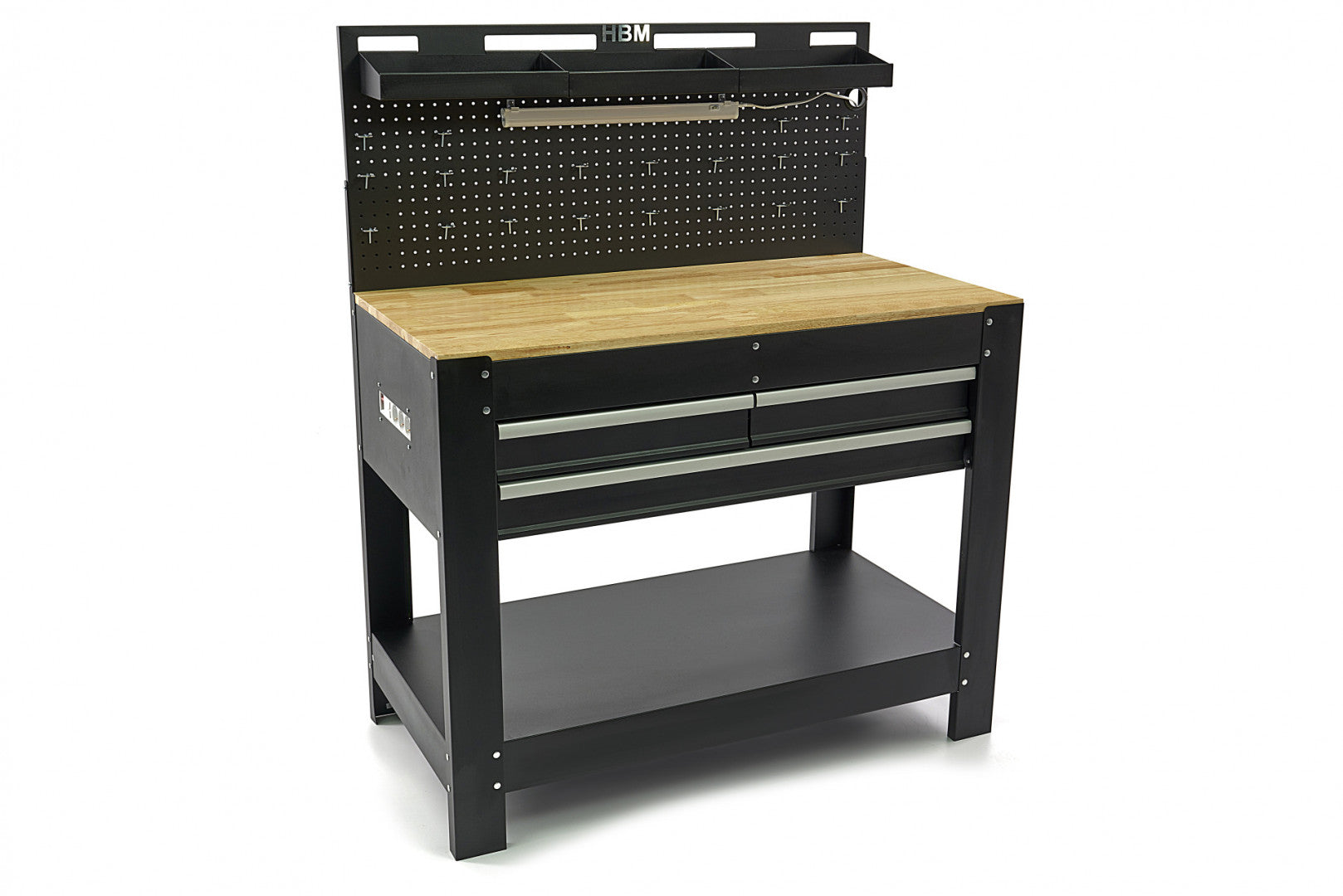 Professzionális fémmunkapad 3 fiókos, masszív fa munkalappal, LED világítású panel, 230V-os aljzatok, USB port, hossz 115 cm