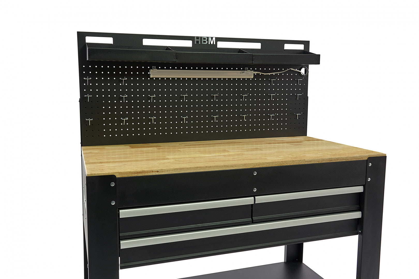 Professzionális fémmunkapad 3 fiókos, masszív fa munkalappal, LED világítású panel, 230V-os aljzatok, USB port, hossz 115 cm