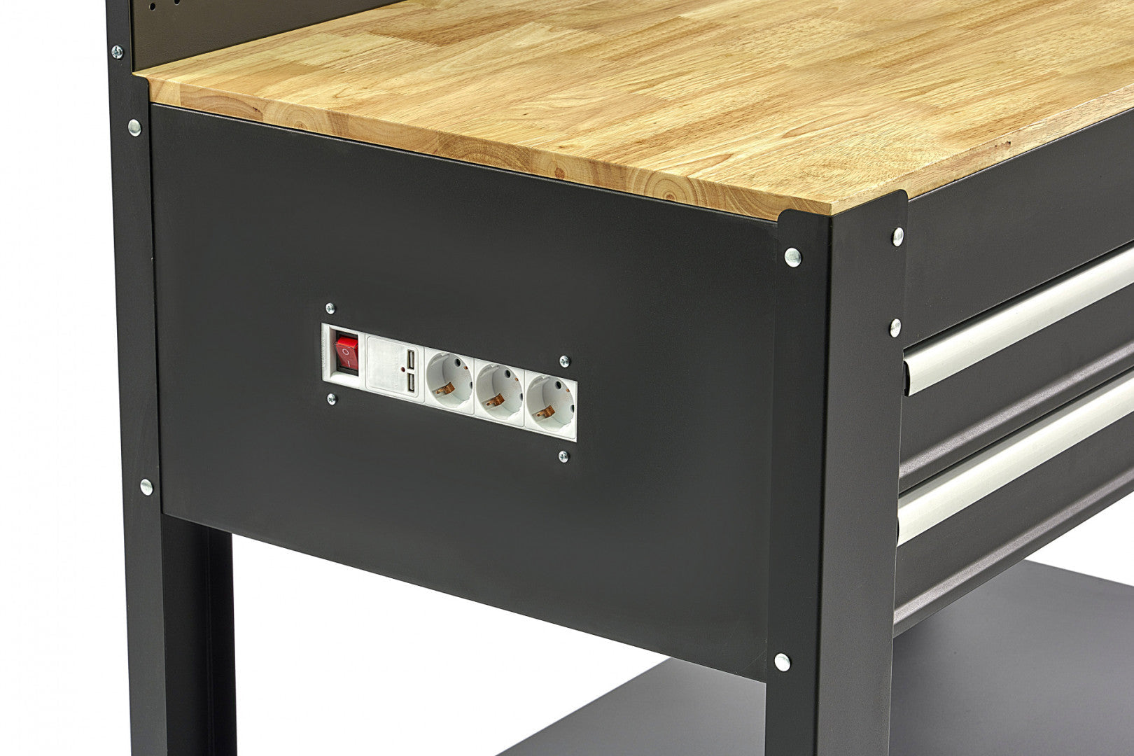 Professzionális fémmunkapad 3 fiókos, masszív fa munkalappal, LED világítású panel, 230V-os aljzatok, USB port, hossz 115 cm