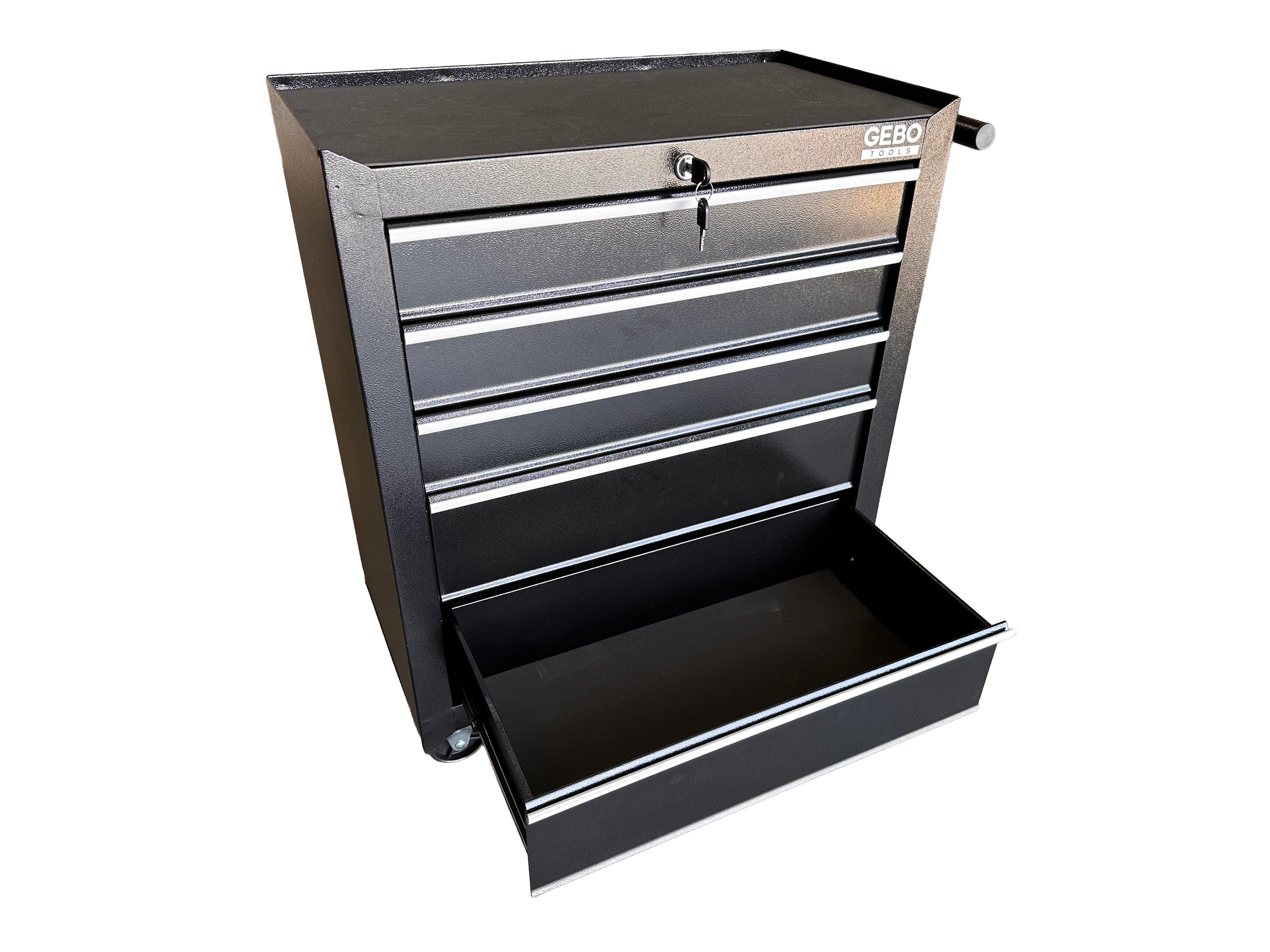 Üres fém szerszámos kocsi - szerszámos szekrény 5 fiókos, fekete, kerekekkel 78 x 62 x 33 cm GEBO TOOLS