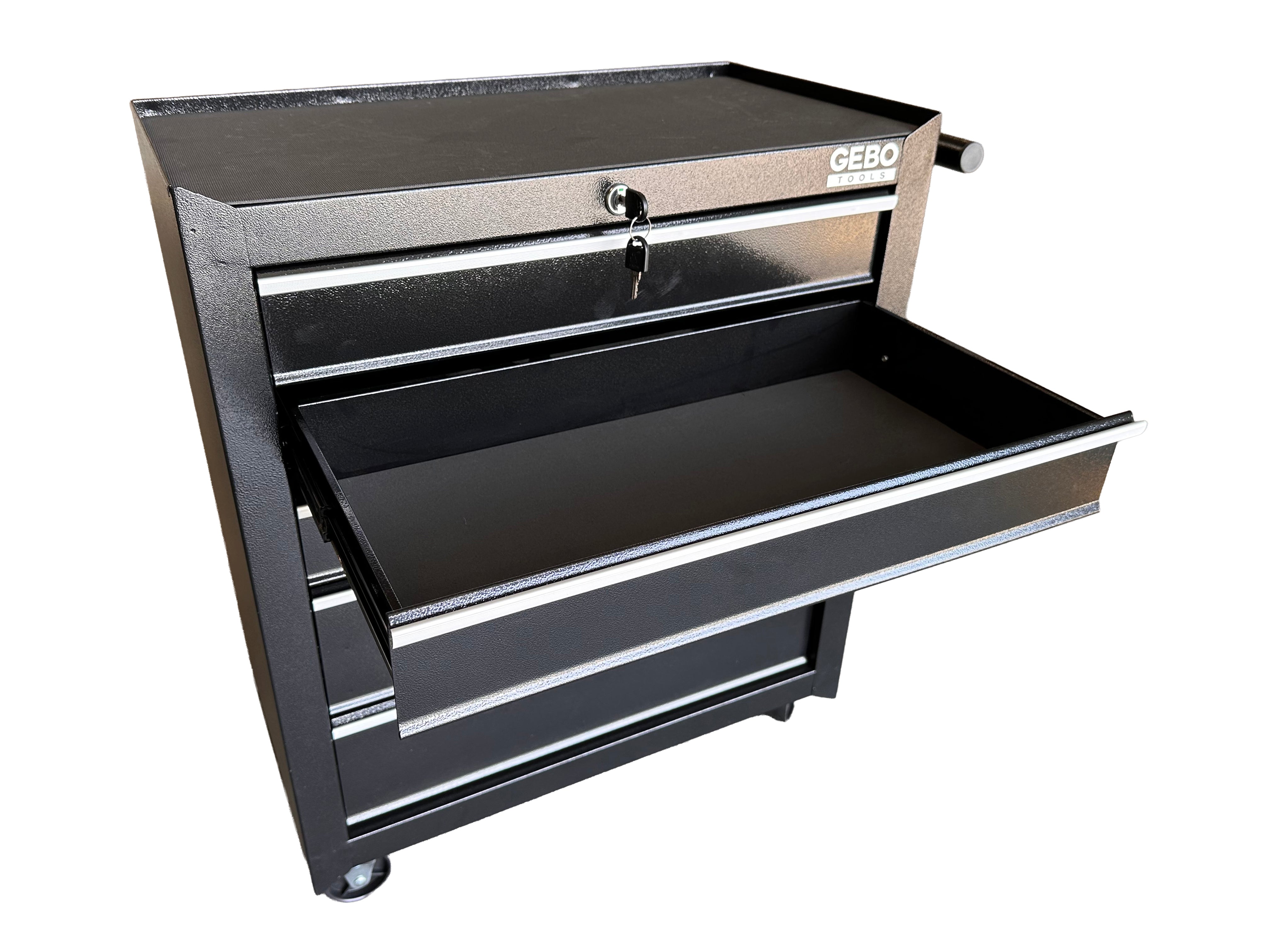Üres fém szerszámos kocsi - szerszámos szekrény 5 fiókos, fekete, kerekekkel 78 x 62 x 33 cm GEBO TOOLS