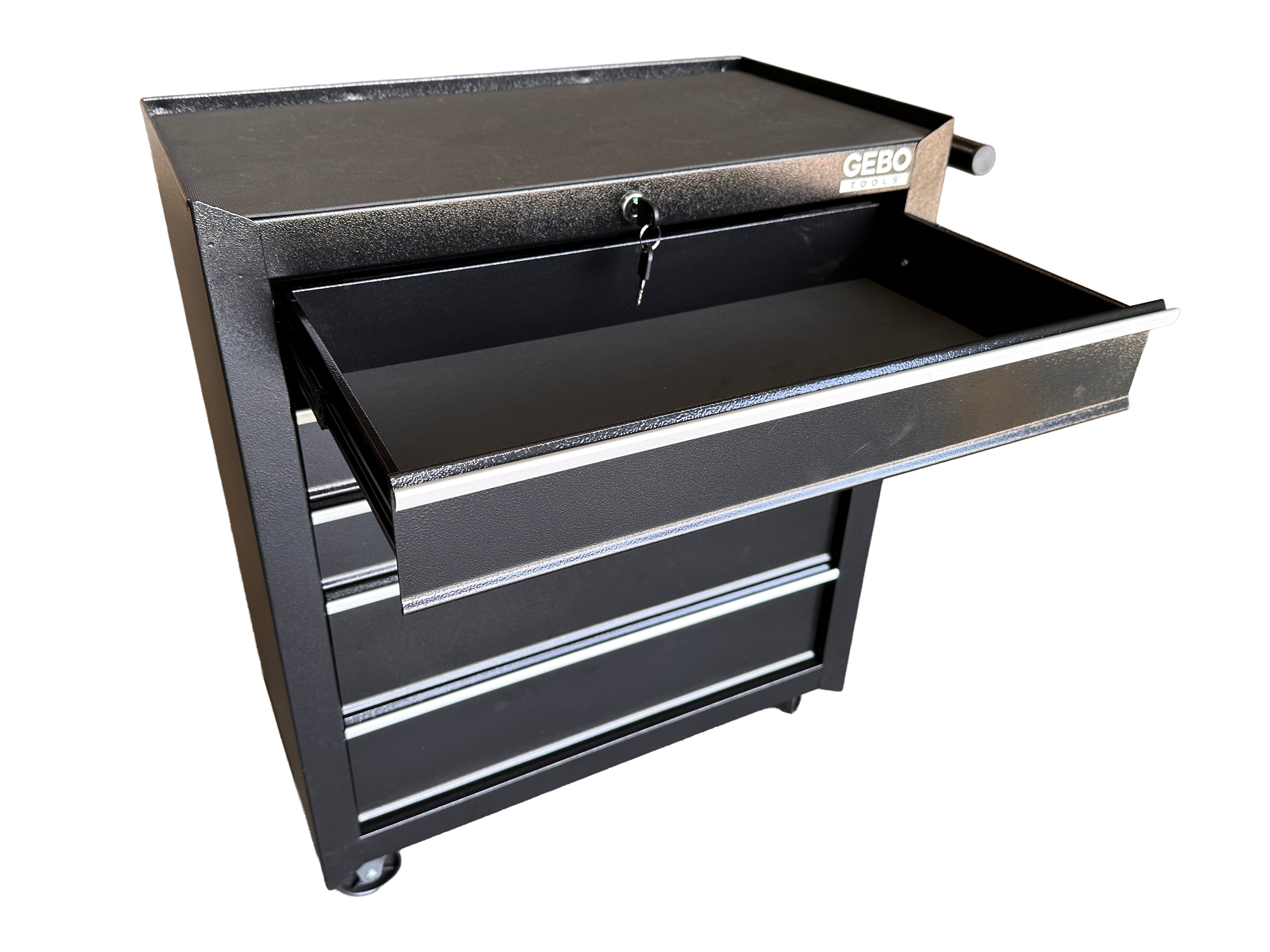 Üres fém szerszámos kocsi - szerszámos szekrény 5 fiókos, fekete, kerekekkel 78 x 62 x 33 cm GEBO TOOLS