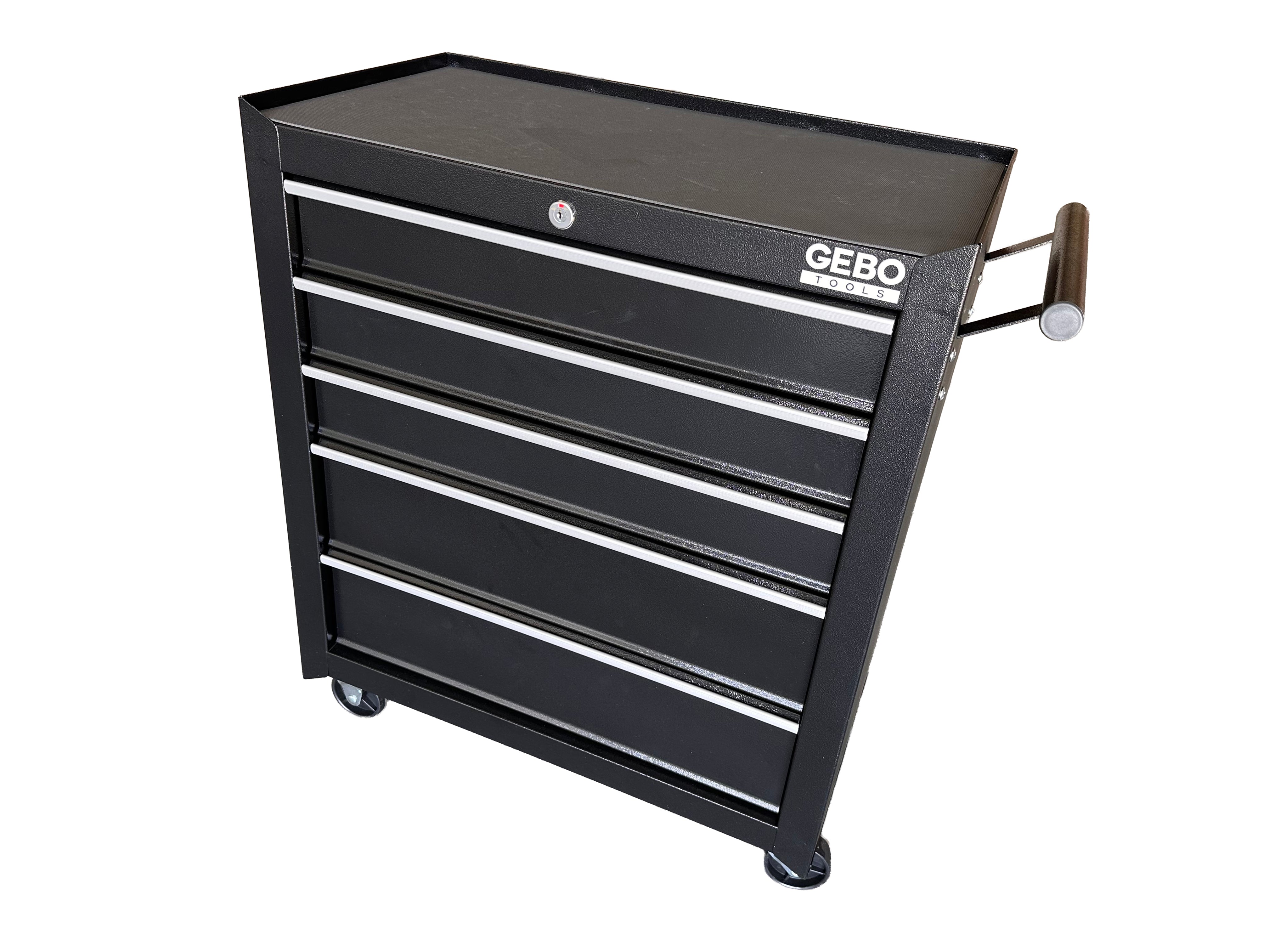 Üres fém szerszámos kocsi - szerszámos szekrény 5 fiókos, fekete, kerekekkel 78 x 62 x 33 cm GEBO TOOLS
