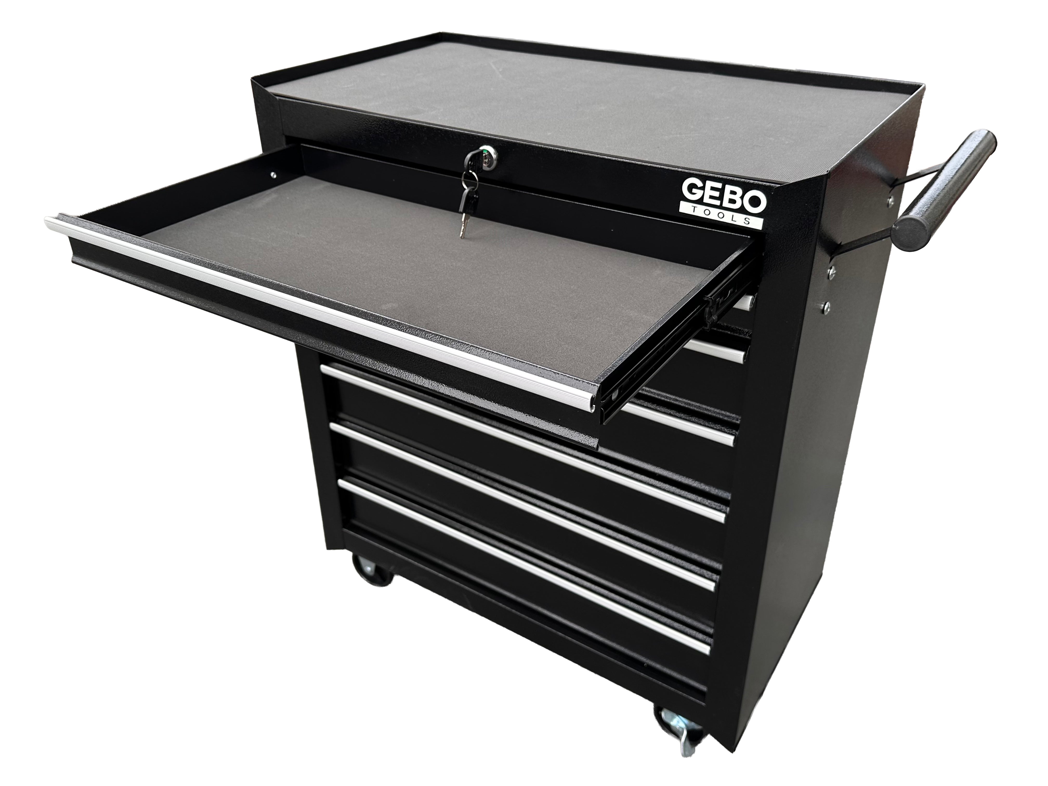 Üres fém szerszámos kocsi - szerszámos szekrény 7 fiókos, fekete, kerekekkel 78 x 62 x 33 cm GEBO TOOLS