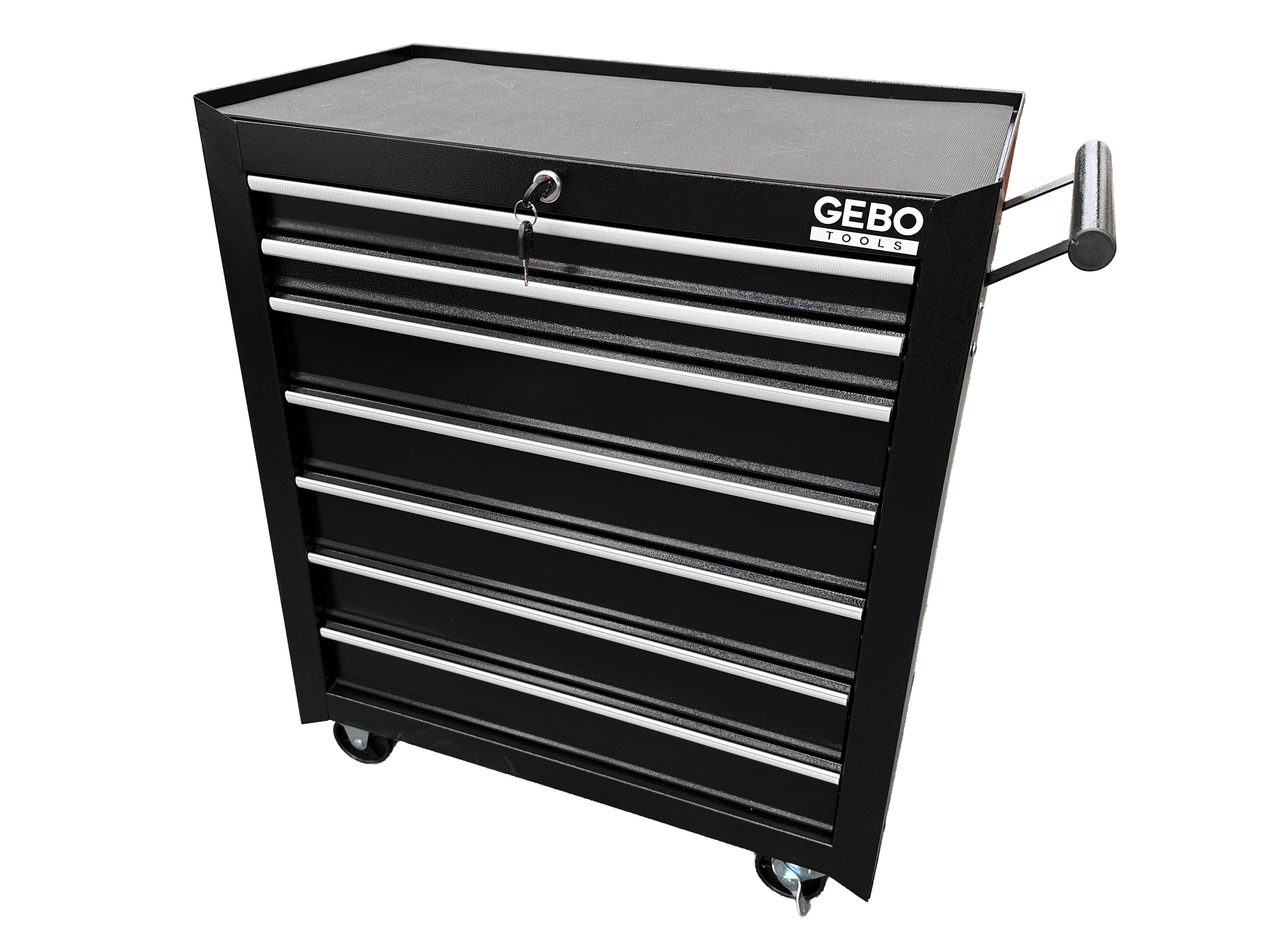 Üres fém szerszámos kocsi - szerszámos szekrény 7 fiókos, fekete, kerekekkel 78 x 62 x 33 cm GEBO TOOLS
