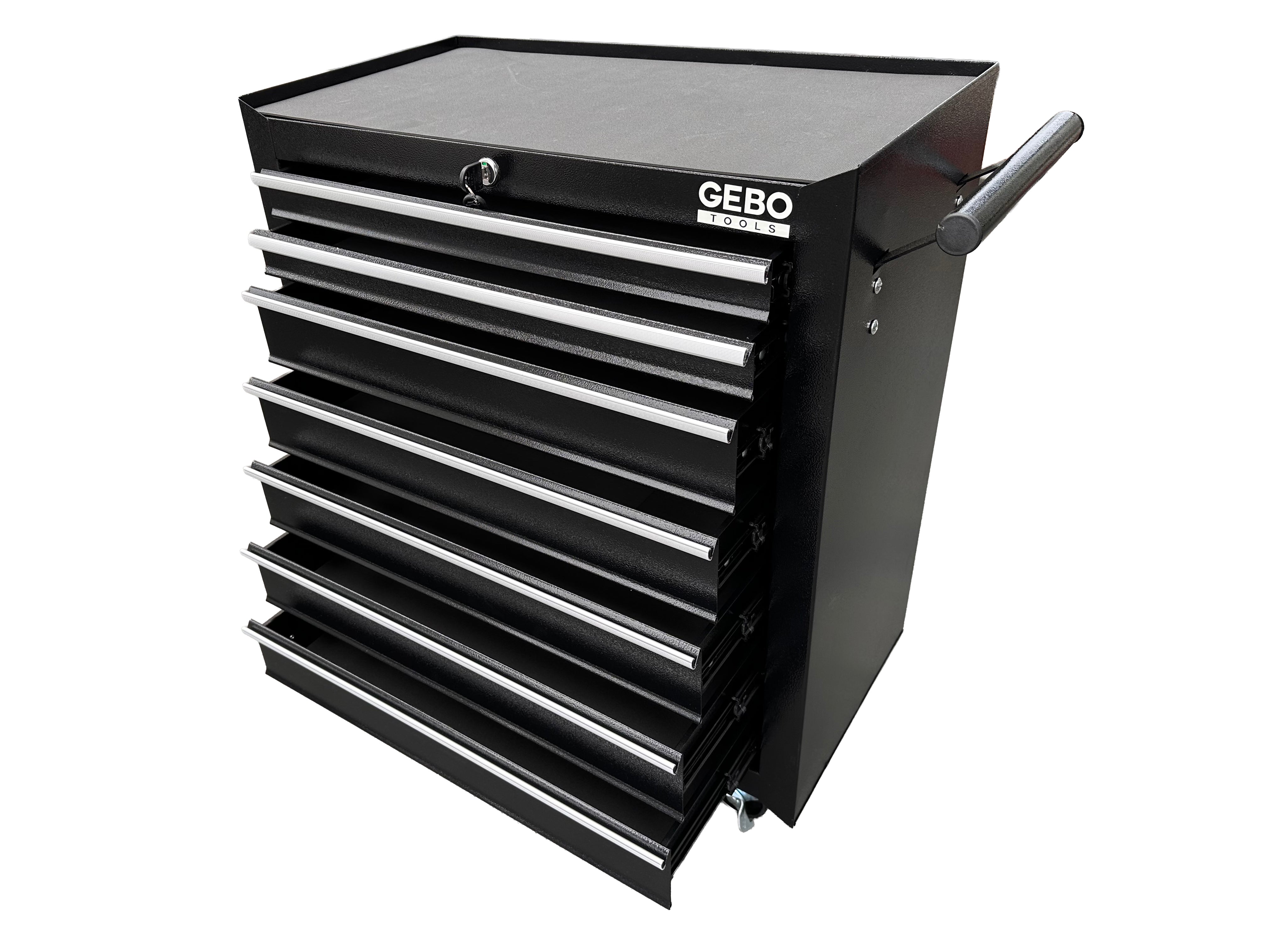 Üres fém szerszámos kocsi - szerszámos szekrény 7 fiókos, fekete, kerekekkel 78 x 62 x 33 cm GEBO TOOLS