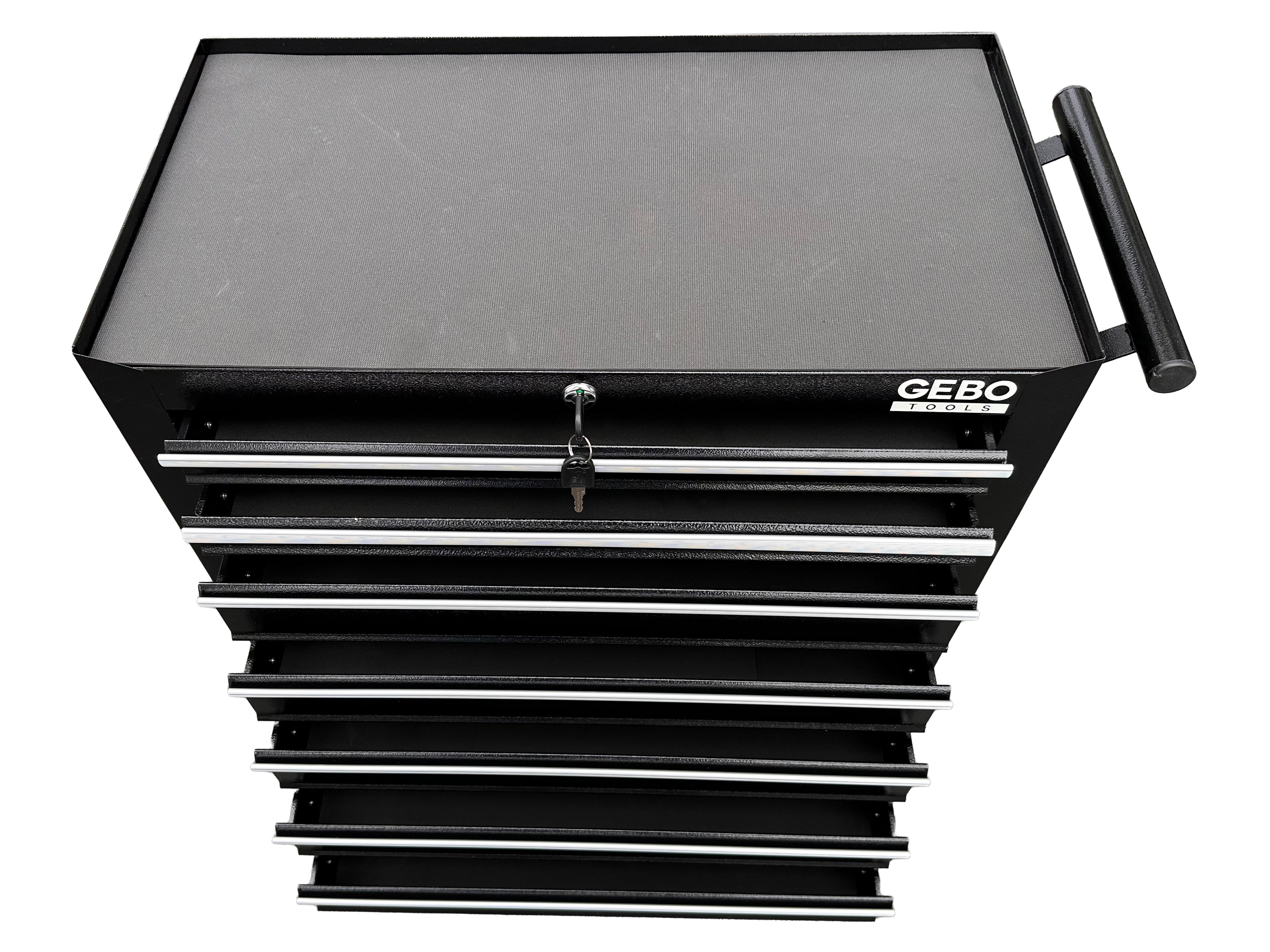 Üres fém szerszámos kocsi - szerszámos szekrény 7 fiókos, fekete, kerekekkel 78 x 62 x 33 cm GEBO TOOLS