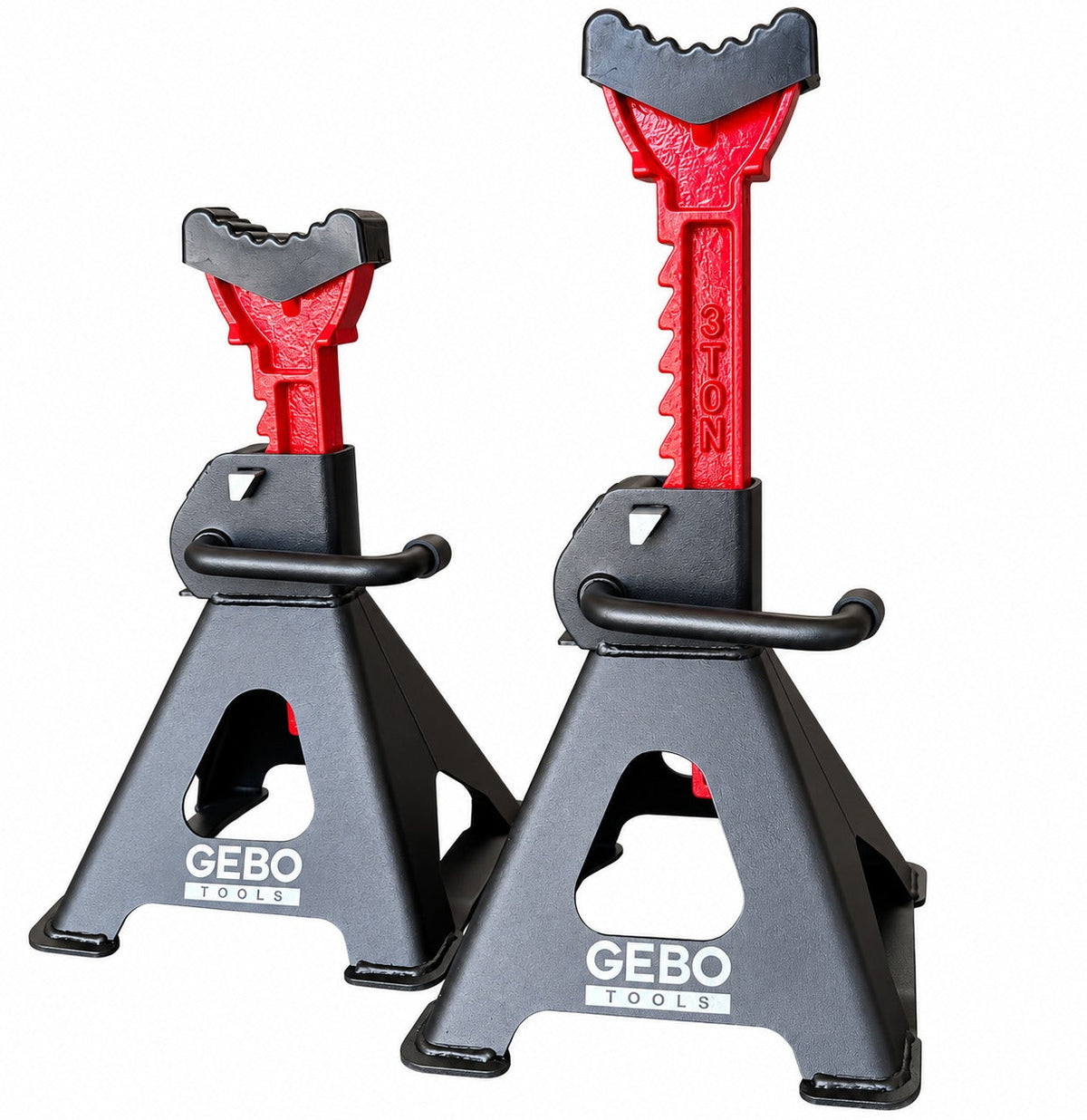 Tartóbak készlet 2 db 3 t 29.5-43 cm dupla biztosítóval és autóküszöb védő gumi tamponnal GEBO TOOLS