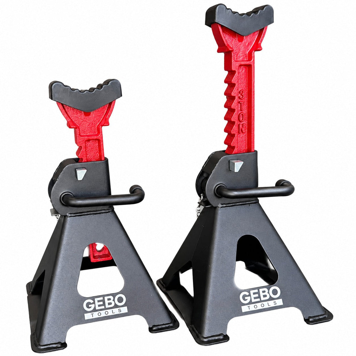 Tartóbak készlet 2 db 3 t 29.5-43 cm dupla biztosítóval és autóküszöb védő gumi tamponnal GEBO TOOLS