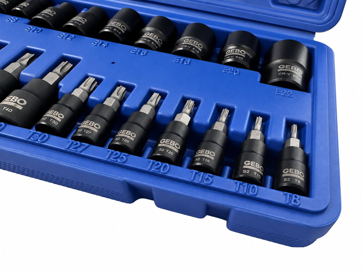 Torx bit és dugókulcs készlet t8–t60 e-profil e4–e20 1/4" 3/8" 1/2" 25 db GEBO TOOLS