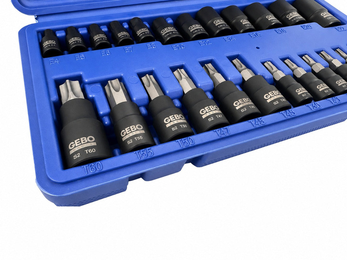 Torx bit és dugókulcs készlet t8–t60 e-profil e4–e20 1/4" 3/8" 1/2" 25 db GEBO TOOLS