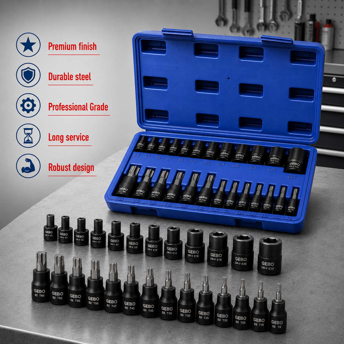 Torx bit és dugókulcs készlet t8–t60 e-profil e4–e20 1/4" 3/8" 1/2" 25 db GEBO TOOLS