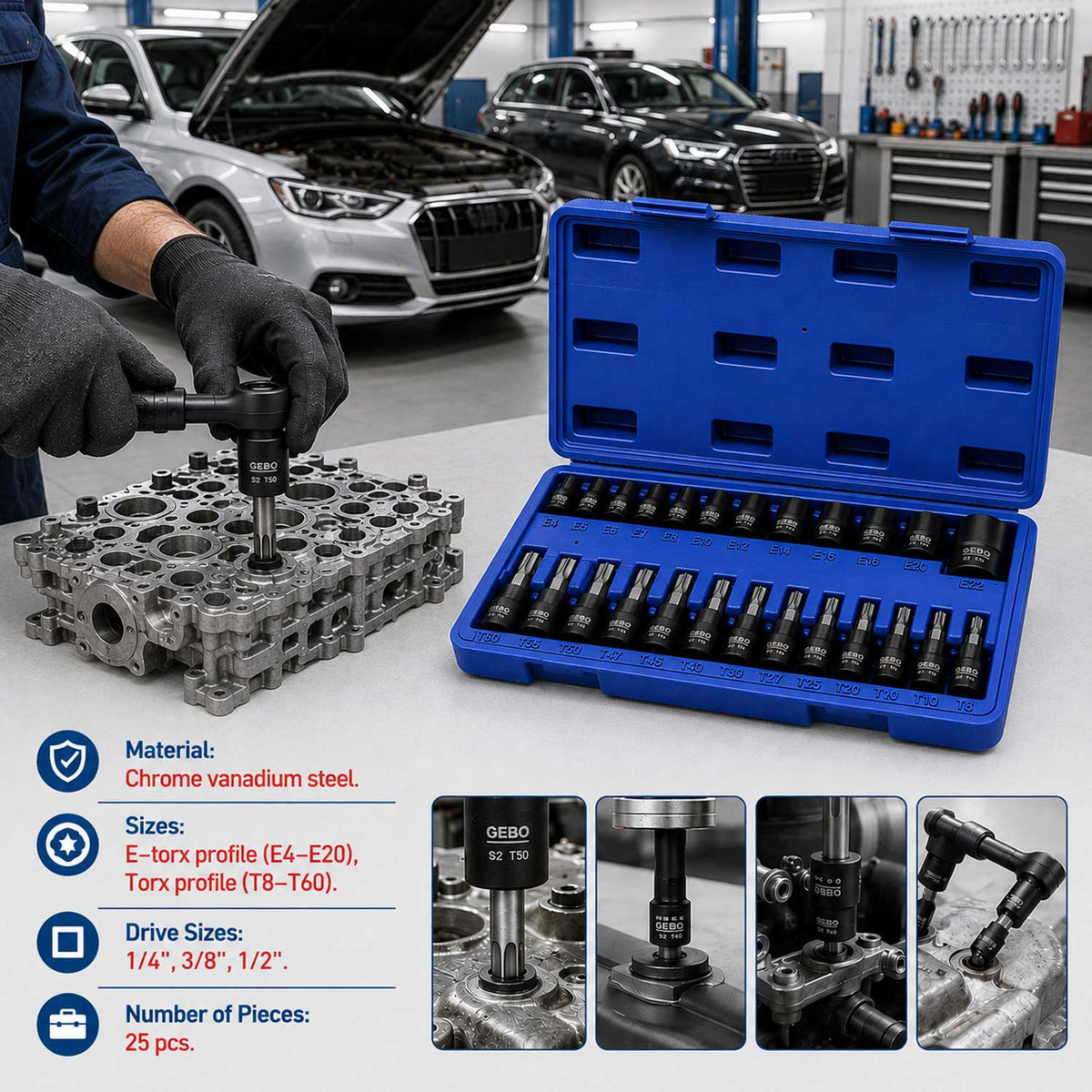 Torx bit és dugókulcs készlet t8–t60 e-profil e4–e20 1/4" 3/8" 1/2" 25 db GEBO TOOLS