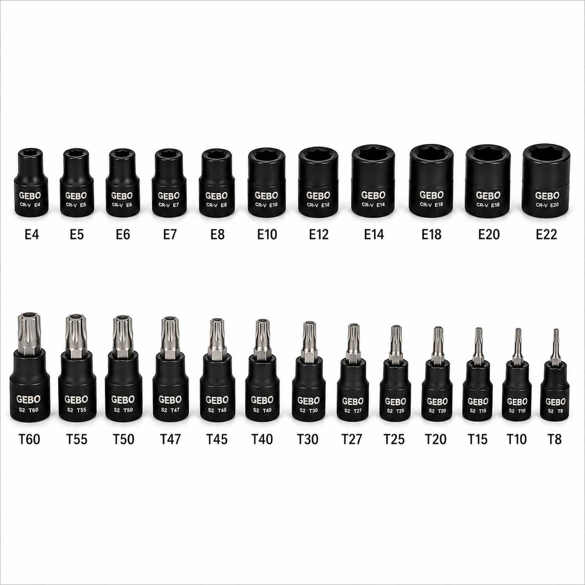 Torx bit és dugókulcs készlet t8–t60 e-profil e4–e20 1/4" 3/8" 1/2" 25 db GEBO TOOLS
