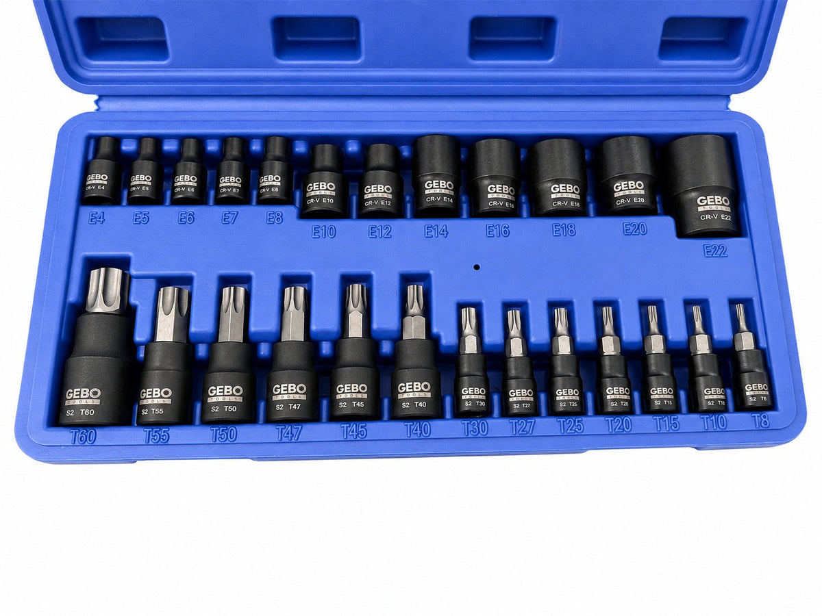 Torx bit és dugókulcs készlet t8–t60 e-profil e4–e20 1/4" 3/8" 1/2" 25 db GEBO TOOLS