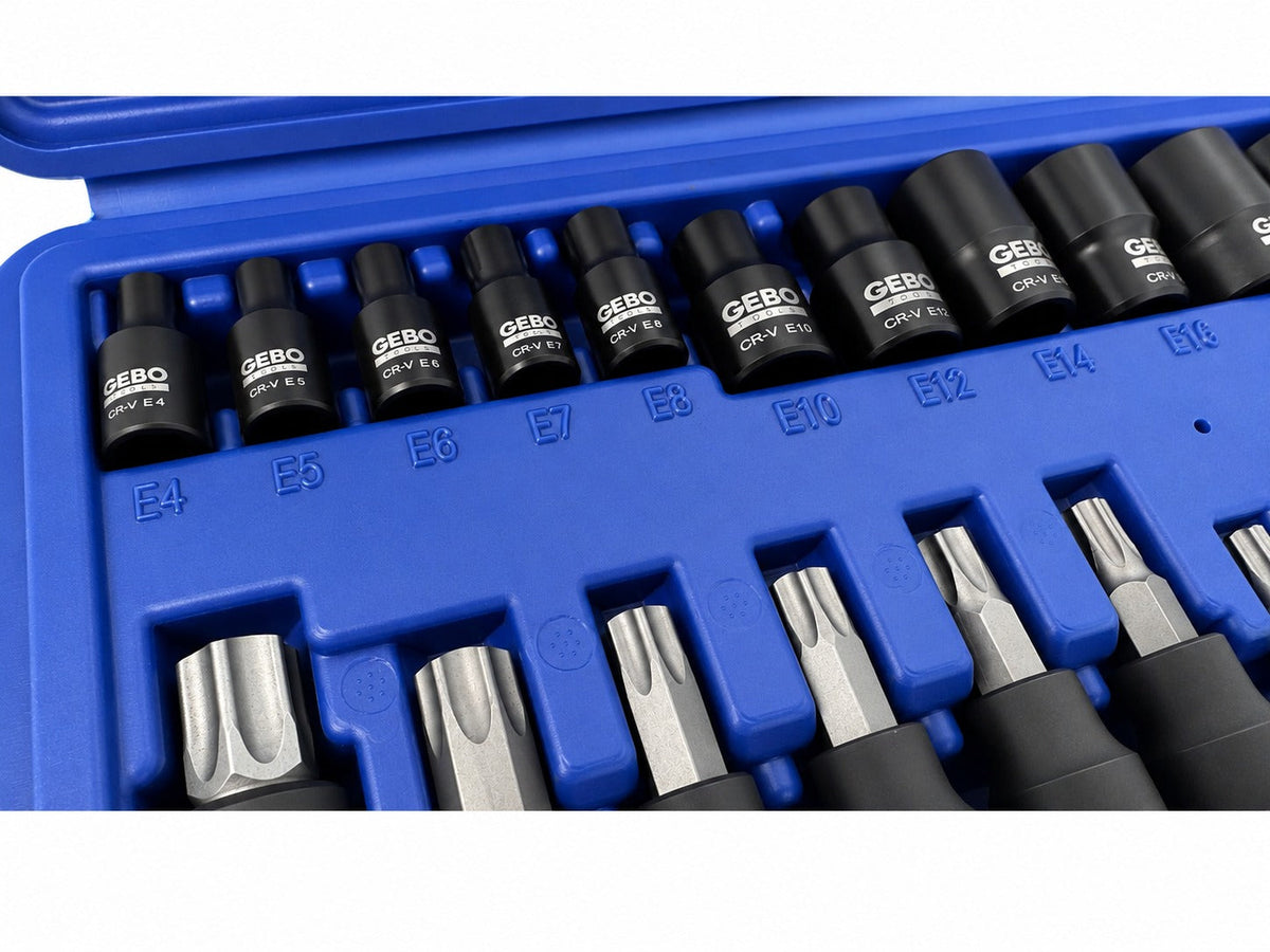 Torx bit és dugókulcs készlet t8–t60 e-profil e4–e20 1/4" 3/8" 1/2" 25 db GEBO TOOLS