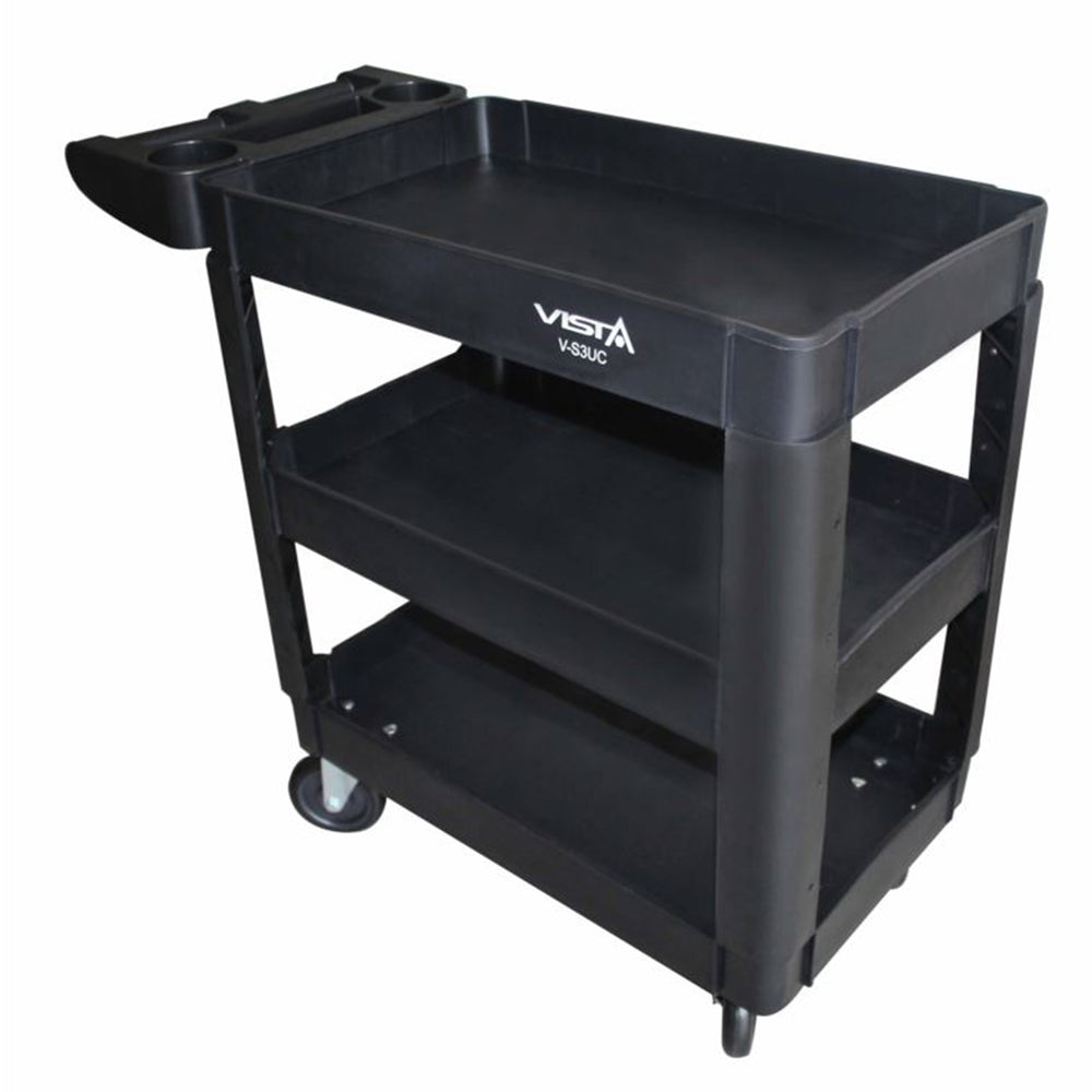 Szerszámos kocsi strapabíró műanyagból, 3 polccal, 250 kg teherbírással, fogantyúkkal és forgó kerekekkel, 69,5×41×90,5 cm
