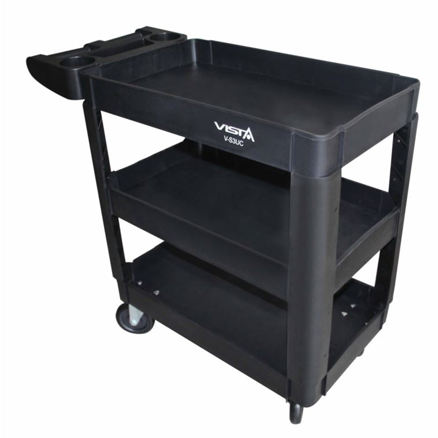 Szerszámos kocsi strapabíró műanyagból, 3 polccal, 250 kg teherbírással, fogantyúkkal és forgó kerekekkel, 69,5×41×90,5 cm