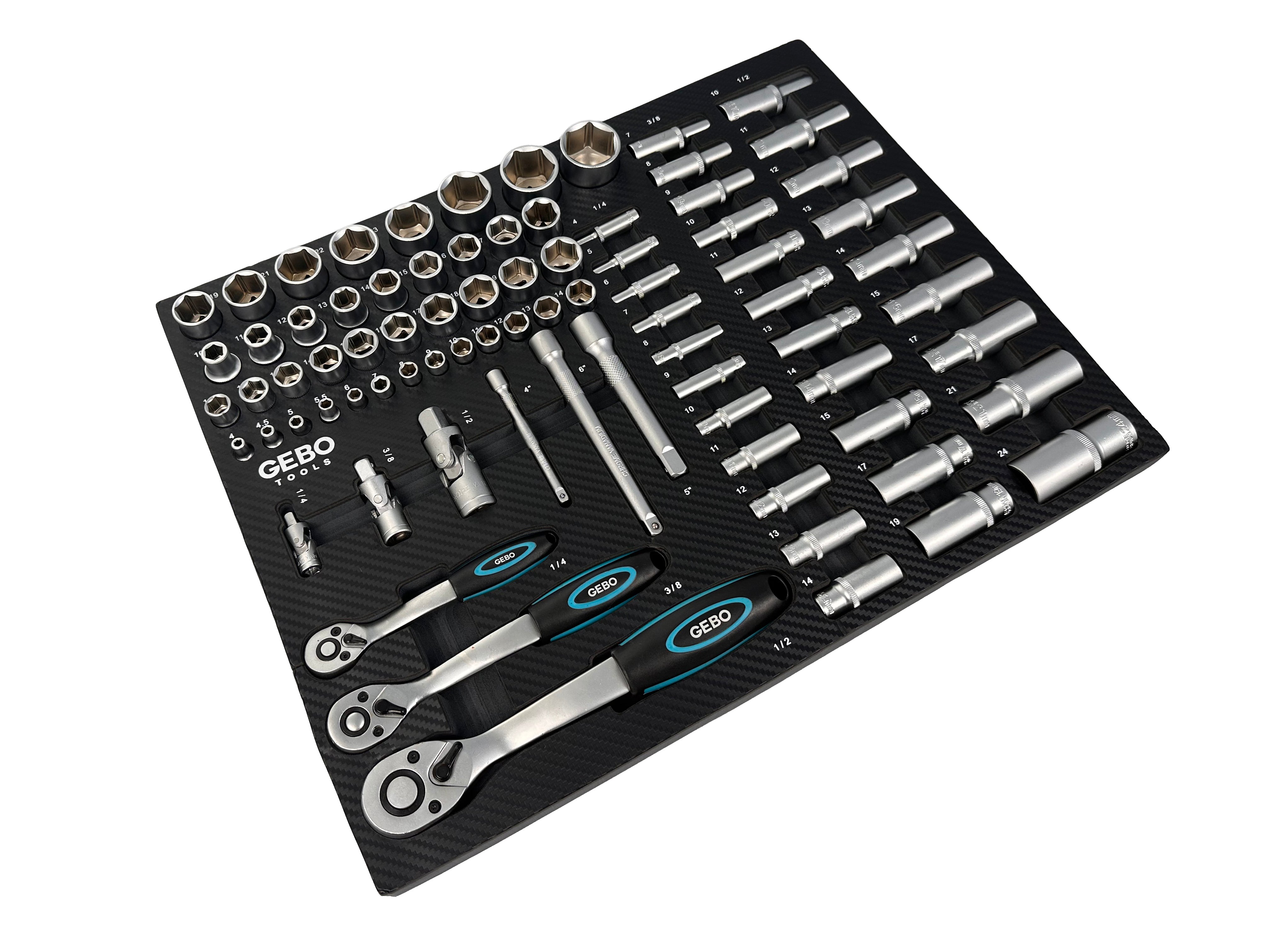 Szerszámos szekrény – szerszámos kocsi dugókulcs- és racsnikulcs modul bitekkel, hosszabbítókkal, átmenetekkel , csavarkulcsokkal 1/2”, 3/8”, 1/4” cr-v 81 db GEBO TOOLS