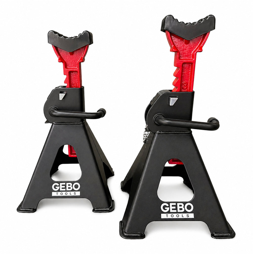 Tartóbak készlet 2 db 3 t 29.5-43 cm dupla biztosítóval és autóküszöb védő gumi tamponnal GEBO TOOLS