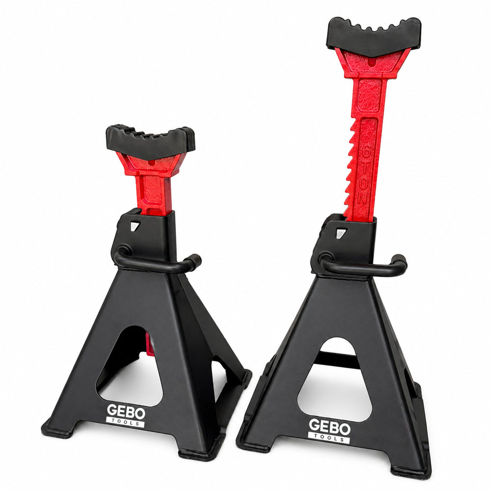 Tartóbak készlet 2 db 6 t 39-60 cm dupla biztosítóval és autóküszöb védő gumi tamponnal GEBO TOOLS
