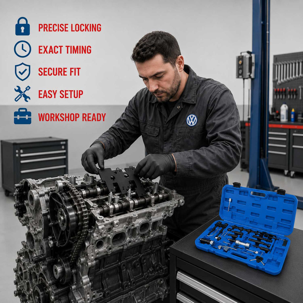 Vezérlésrögzítő készlet VW AUDI SEAT SKODA 1.2 1.4 1.6 1.9 2.0 2.5 3.3 díezel és benzin GEBO TOOLS