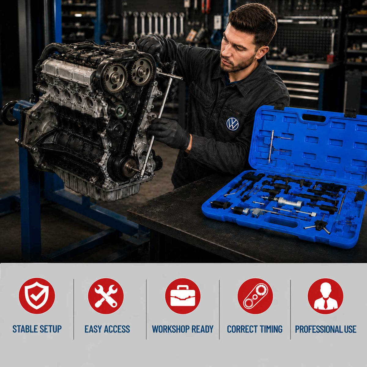 Vezérlésrögzítő készlet VW AUDI SEAT SKODA 1.2 1.4 1.6 1.9 2.0 2.5 3.3 díezel és benzin GEBO TOOLS