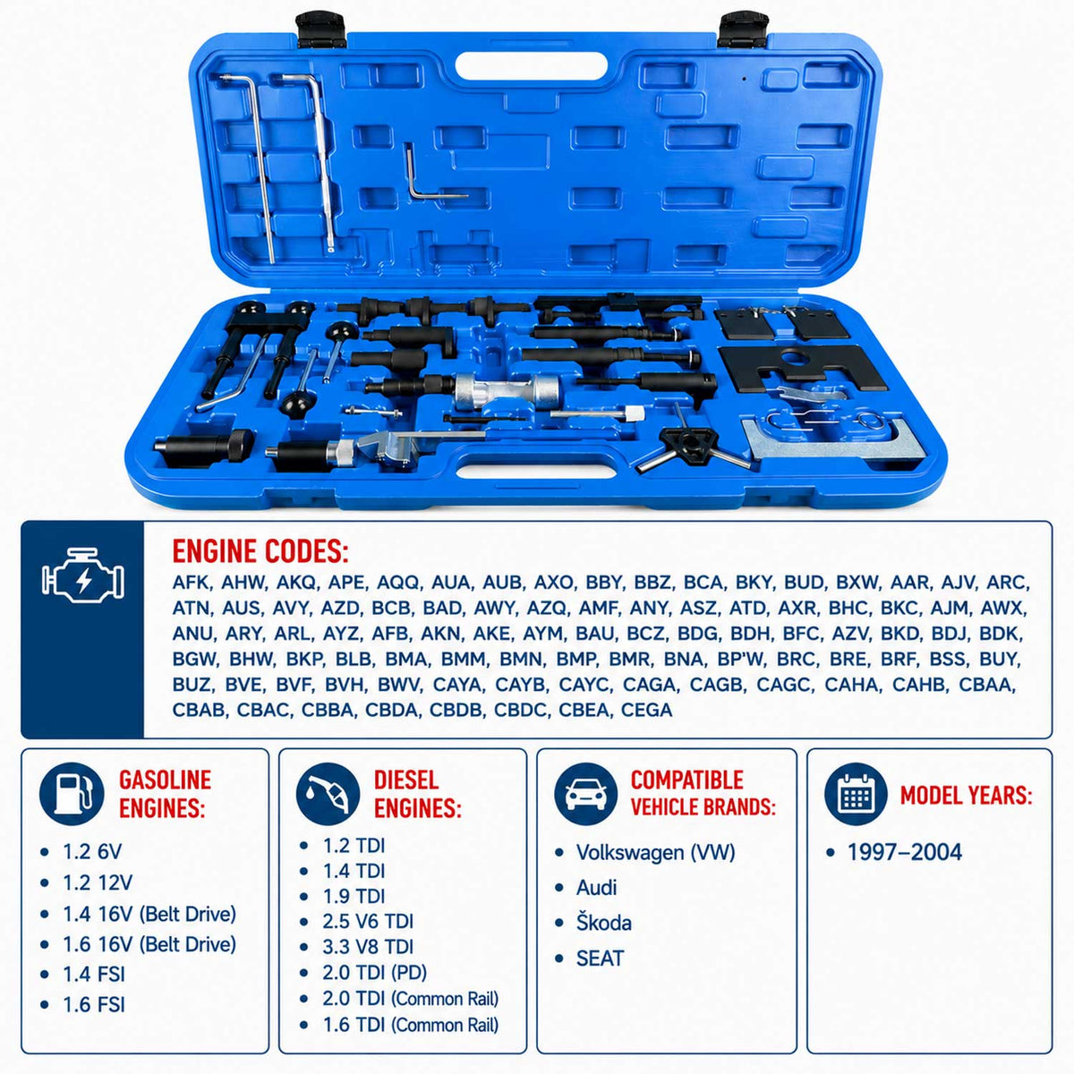 Vezérlésrögzítő készlet VW AUDI SEAT SKODA 1.2 1.4 1.6 1.9 2.0 2.5 3.3 díezel és benzin GEBO TOOLS