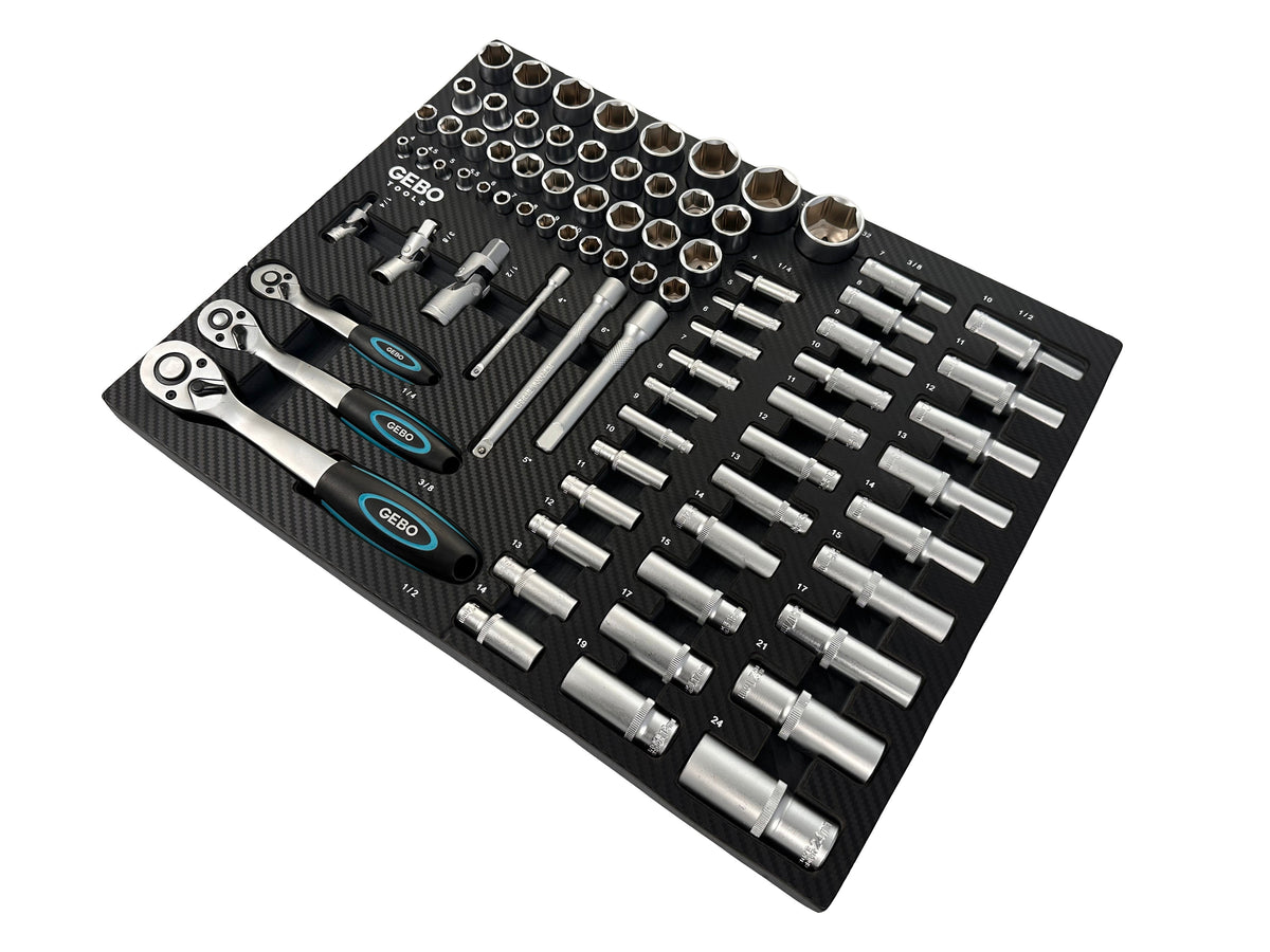 Szerszámos szekrény – szerszámos kocsi dugókulcs- és racsnikulcs modul bitekkel, hosszabbítókkal, átmenetekkel , csavarkulcsokkal 1/2”, 3/8”, 1/4” cr-v 81 db GEBO TOOLS