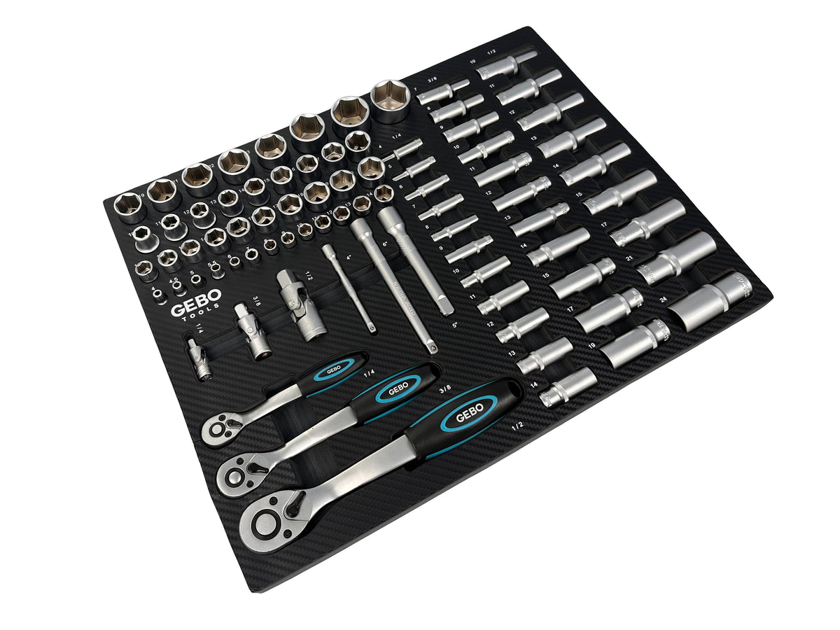 Szerszámos szekrény – szerszámos kocsi dugókulcs- és racsnikulcs modul bitekkel, hosszabbítókkal, átmenetekkel , csavarkulcsokkal 1/2”, 3/8”, 1/4” cr-v 81 db GEBO TOOLS