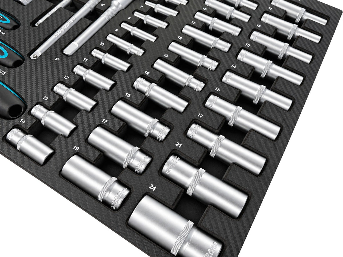 Szerszámos szekrény – szerszámos kocsi dugókulcs- és racsnikulcs modul bitekkel, hosszabbítókkal, átmenetekkel , csavarkulcsokkal 1/2”, 3/8”, 1/4” cr-v 81 db GEBO TOOLS