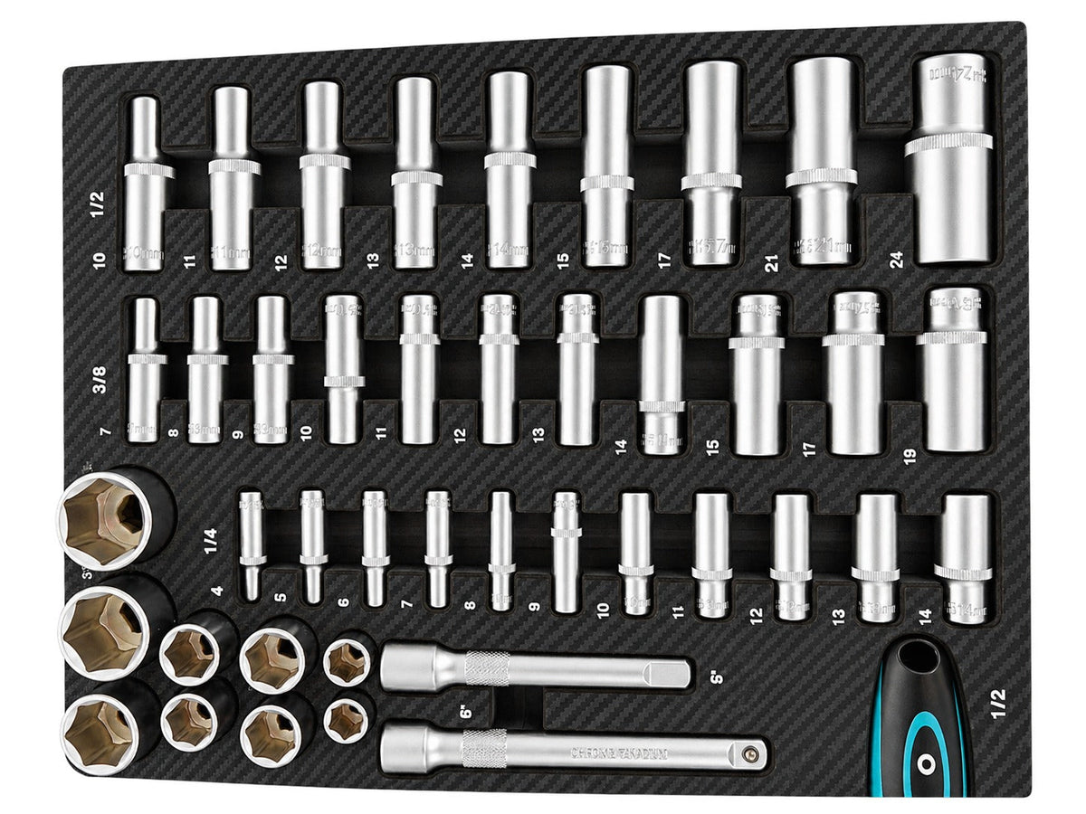 Szerszámos szekrény – szerszámos kocsi dugókulcs- és racsnikulcs modul bitekkel, hosszabbítókkal, átmenetekkel , csavarkulcsokkal 1/2”, 3/8”, 1/4” cr-v 81 db GEBO TOOLS
